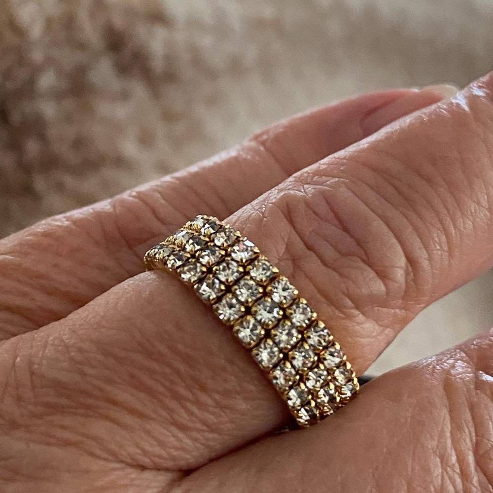 Three Rows Rhinestone Crystal Tennis Stretch Band Ring - Picture 3 of 12